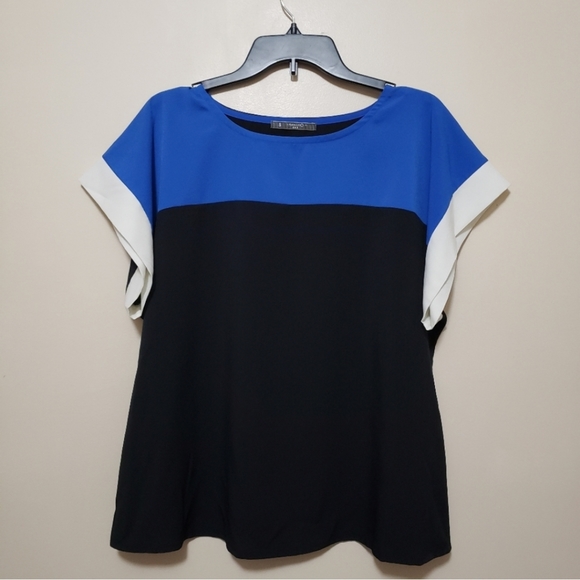 Imanimo Color Block Blouse Anna Scoop Neck Top Small Blue Black White - Picture 7 of 7